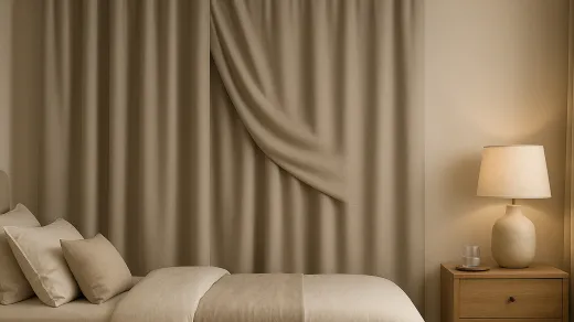 closed neutral fabric curtain panels with a broad overlapping center in a bedroom