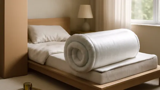 photorealistic bedroom scene with a boxed mattress partly unrolled on a platform bed, a tape measure, folded bedding, and a side-sleeper pillow