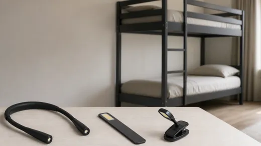 three unbranded portable reading-light forms near a neutral adult bunk bed