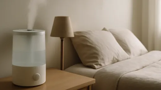 photorealistic bedroom nightstand with an unbranded cool-mist humidifier, clear space around it, linen bedding, and soft morning light