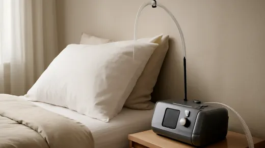 photorealistic calm bedroom with a CPAP machine on a bedside table, clear hose lifted on a low bedside hose holder, white pillow, neutral bedding, and soft morning light