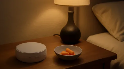 photorealistic quiet bedside table with a small white noise machine, loose orange foam earplugs in a bowl, neutral bedding, and dim warm lamp light