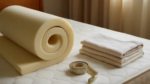 photorealistic bedroom corner with a mattress topper partially rolled on a plain mattress, measuring tape, and folded bedding