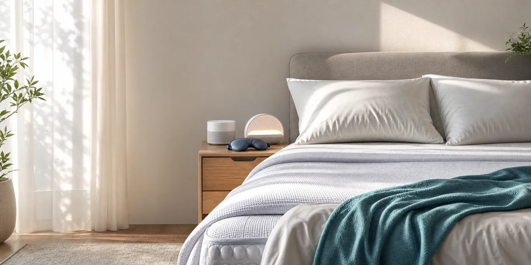 Photorealistic bedroom with layered bedding, pillows, a sleep mask, a white-noise machine, and a sunrise alarm