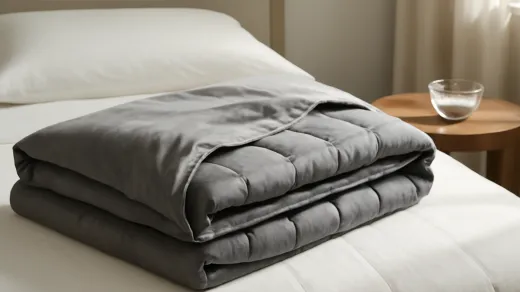 photorealistic bedroom scene with a folded weighted blanket, removable cover, glass beads in a small clear bowl, and a neatly made bed